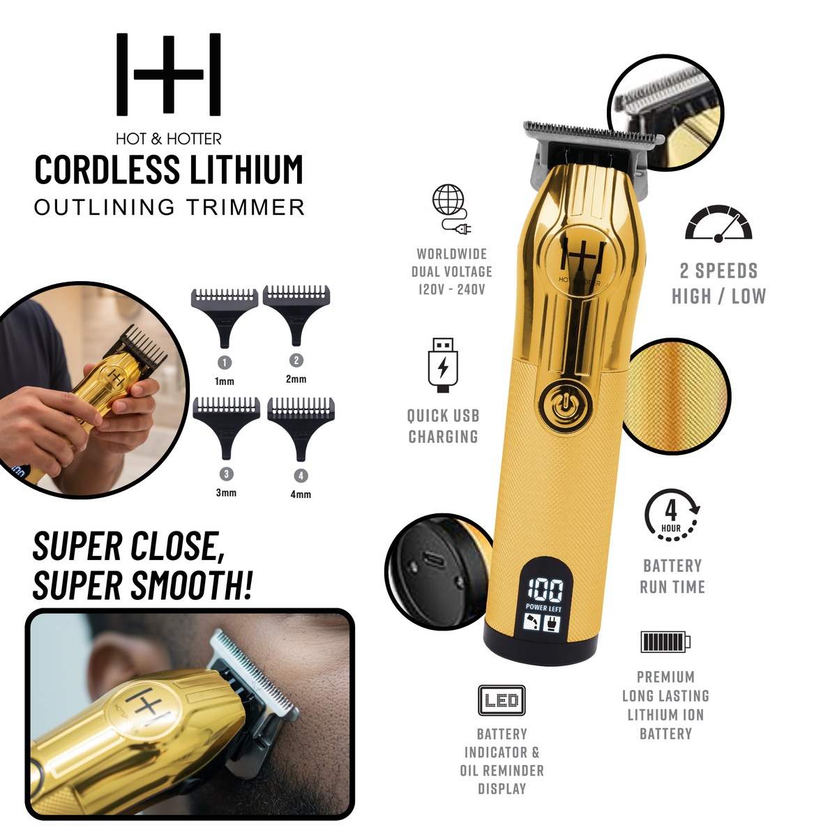 Hot & Hotter Cordless Outlining Trimmer, Gold — blade, speeds, and display feature graphic