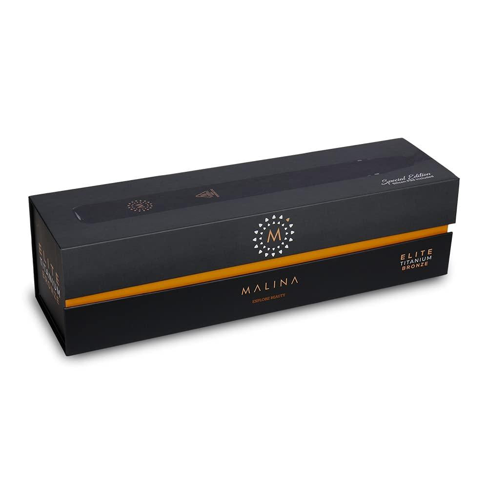 Malina Elite Titanium Bronze Flat Iron 1 1/4 Inch — black and gold retail box
