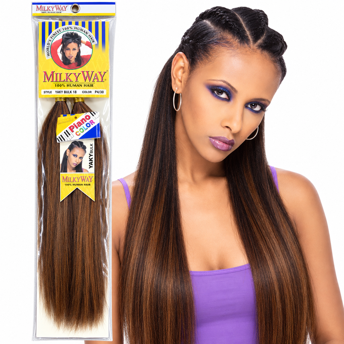 Shake-N-Go Milky Way Yaky Bulk Human Hair – Yaky Bulk package and braided model