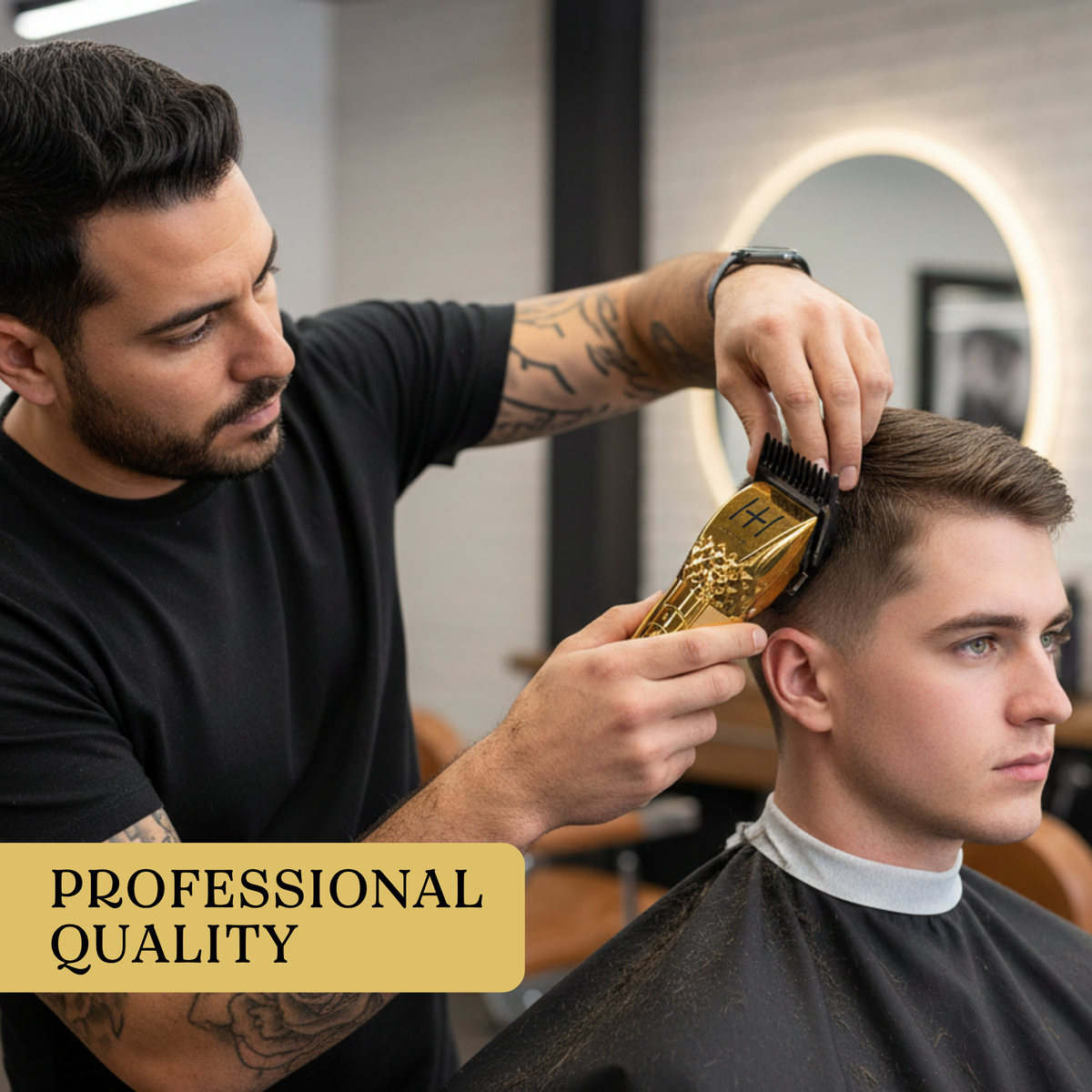 Hot & Hotter Lithium Cordless Clipper, Gold — barber using the cordless clipper