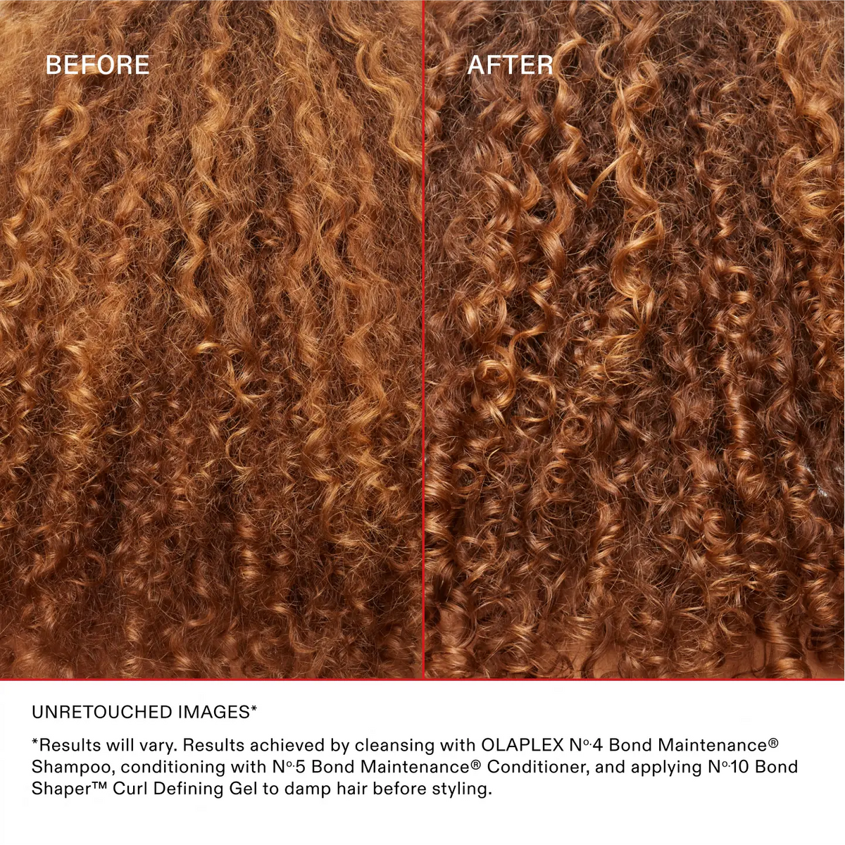 Olaplex No.10 Bond Shaper Curl Defining Gel 200 ml — copper curls before and after No.4, No.5 and No.10 routine