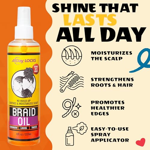 AllDay Locks Braid Oil - Spray On Hair Oil for Braid & Scalp Care, for Men and Women, Moisturizing and Strengthening Treatment, Hair Oil for Dry Scalp and Tension Relief - 8 oz Bottle|B0B3Q95K2D