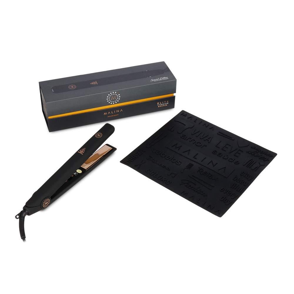 Malina Elite Titanium Bronze Flat Iron 1 1/4 Inch — black flat iron with box and heat mat
