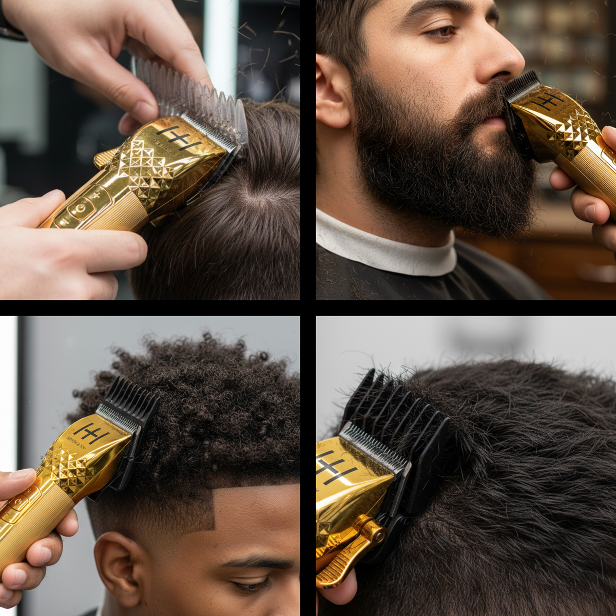 Hot & Hotter Lithium Cordless Clipper, Gold — haircut and beard grooming collage