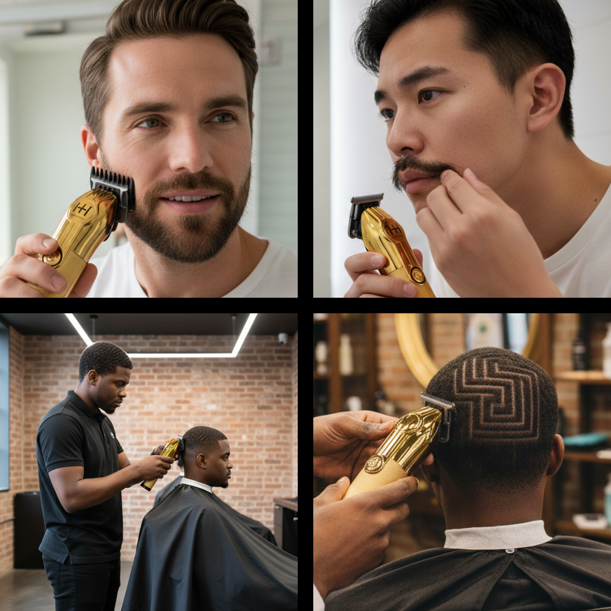 Hot & Hotter Cordless Outlining Trimmer, Gold — four grooming and haircut detail examples
