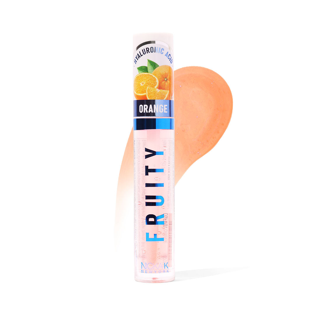Nicka K Fruity Lip Gloss – Orange tube with gloss swatch