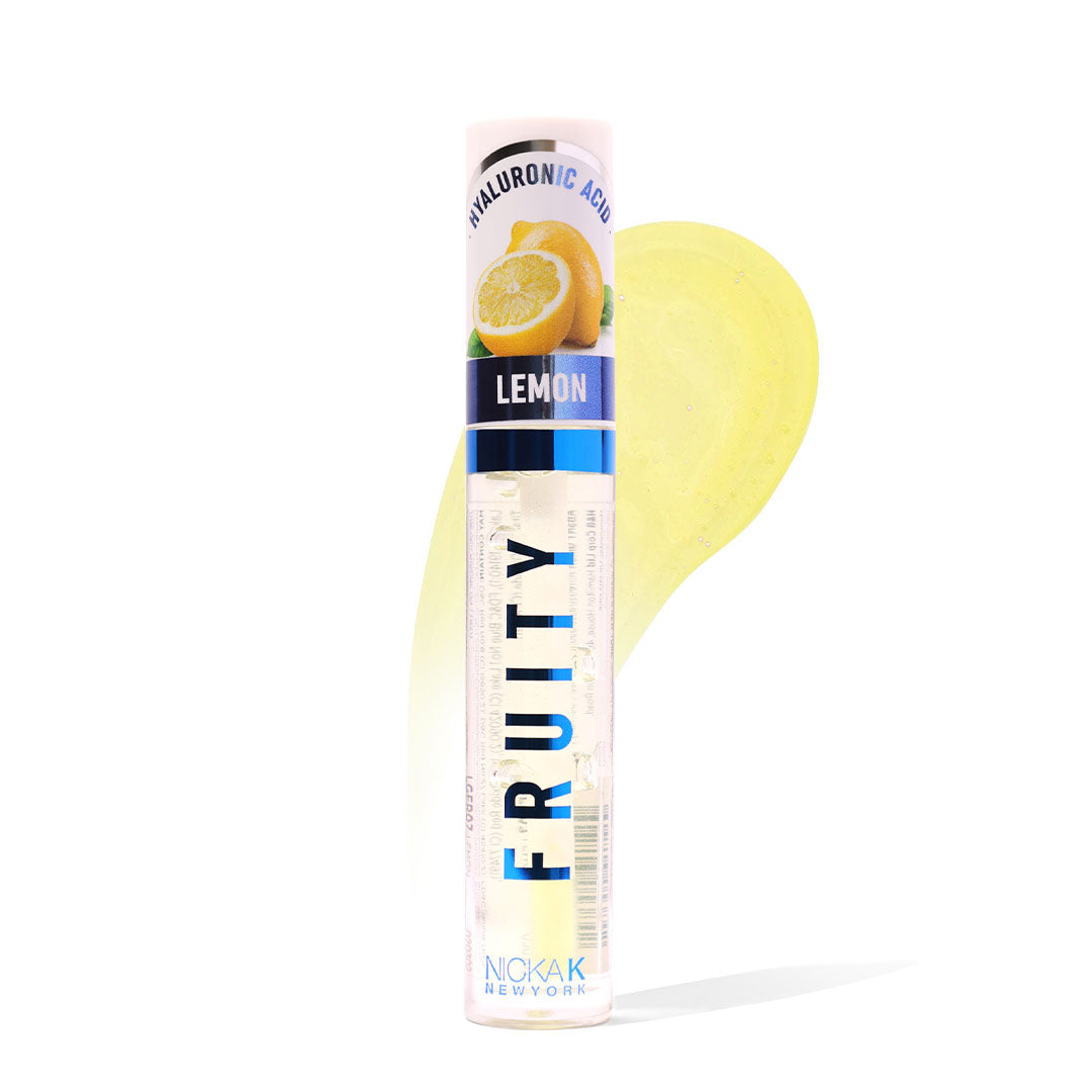 Nicka K Fruity Lip Gloss – Lemon tube with gloss swatch