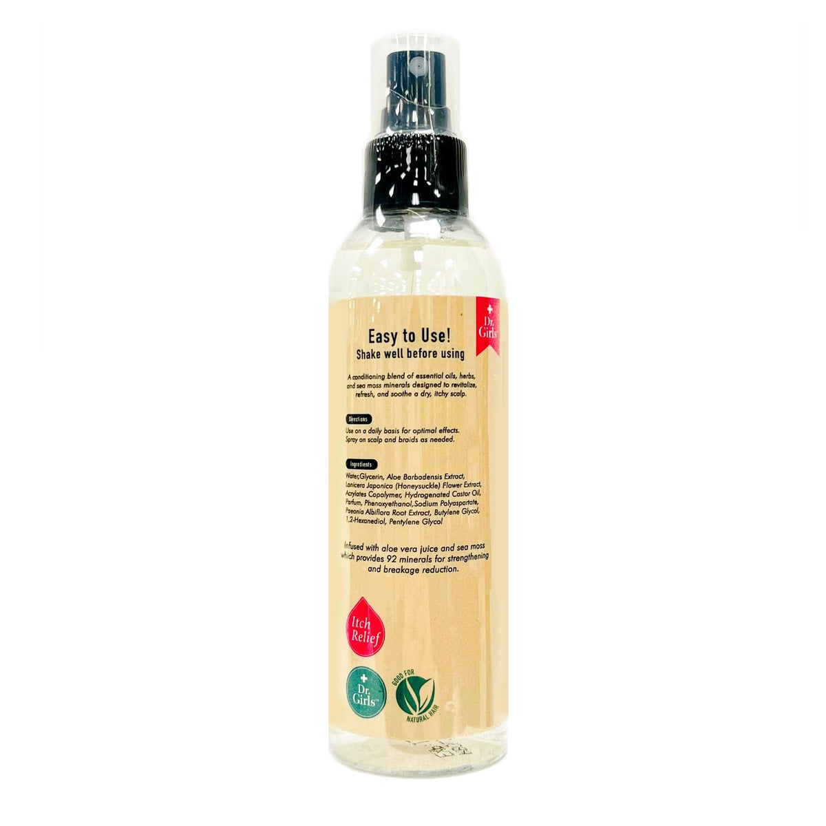 Dr. Girls Sea Moss & Aloe Vera Anti-Itch Braid Spray – Sea Moss braid spray back label