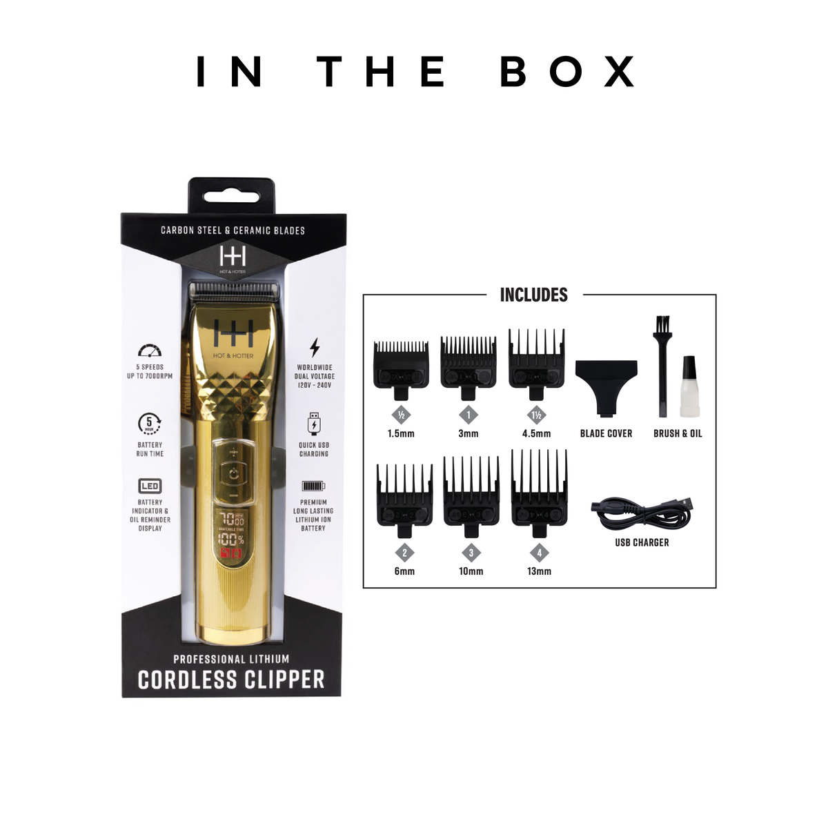 Hot & Hotter Lithium Cordless Clipper, Gold — box and included accessories diagram