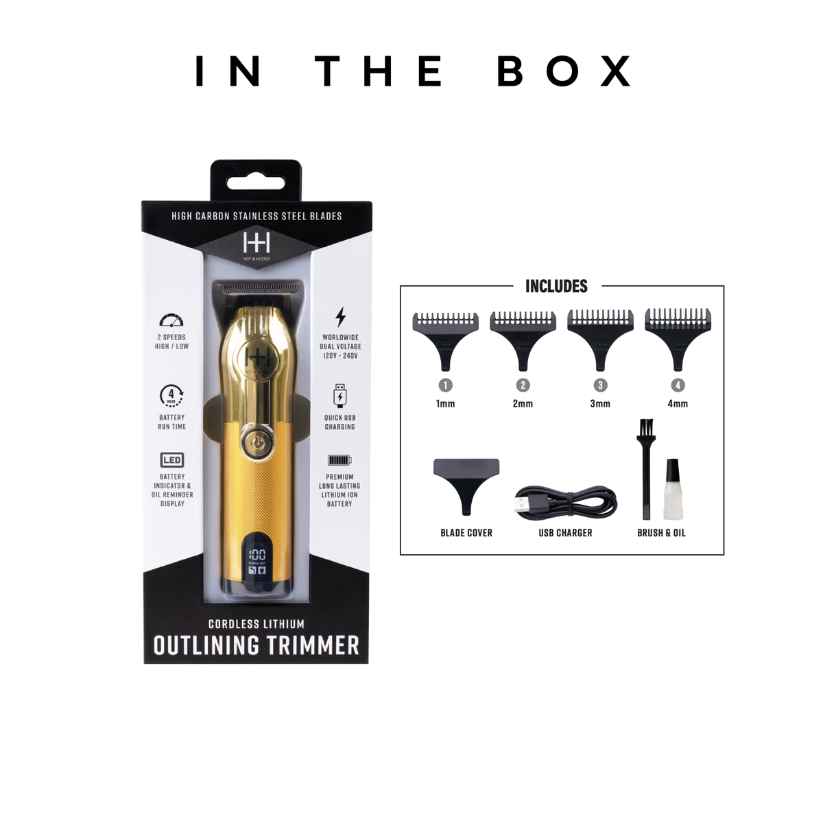 Hot & Hotter Cordless Outlining Trimmer, Gold — retail box and included accessories diagram