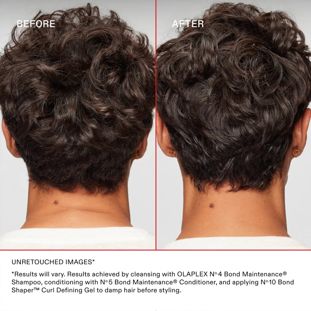 Olaplex No.10 Bond Shaper Curl Defining Gel 200 ml — short dark curls before and after the hair-care routine