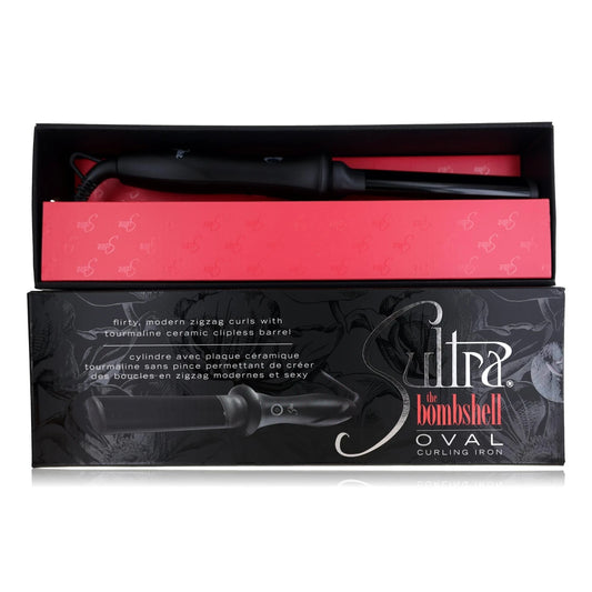 Sultra Bombshell Oval Rod Clipless Curling Iron — oval curling rod in open retail box