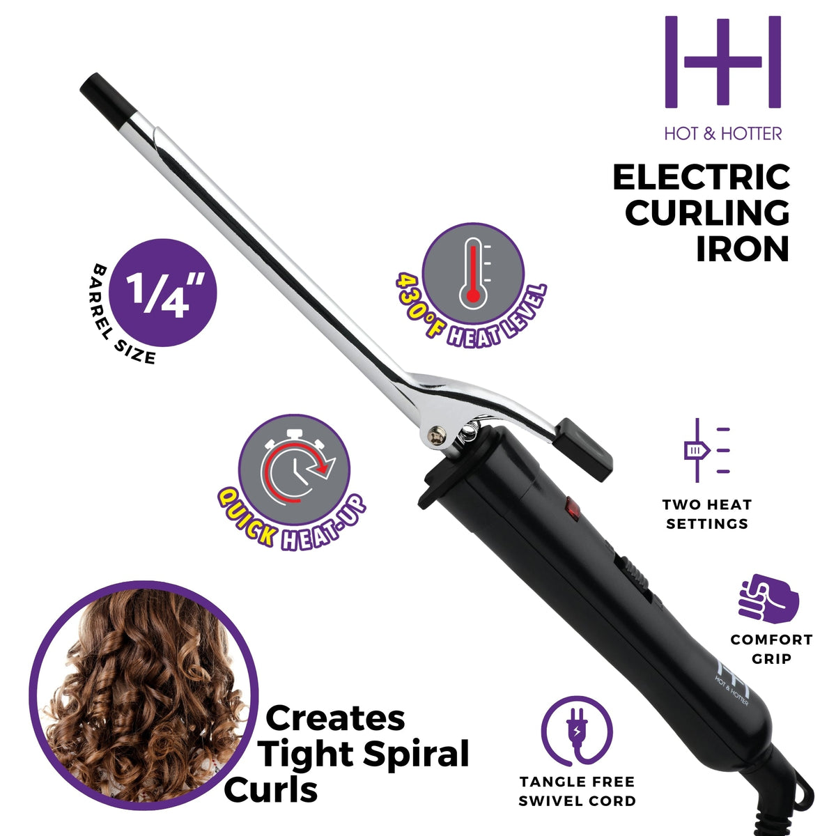 Hot & Hotter Electric Curling Iron 1/4 Inch — curling iron feature diagram