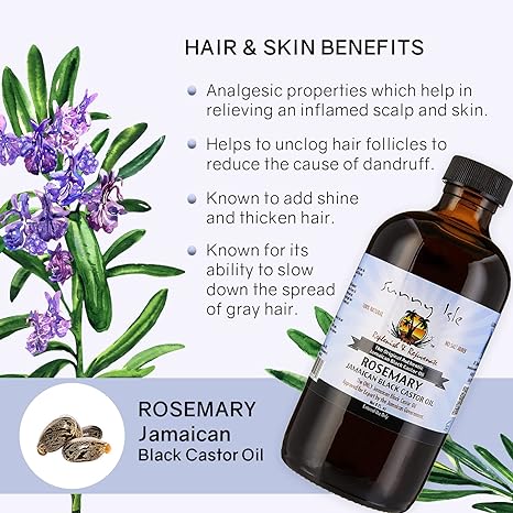 Rosemary Jamaican black castor oil bottle with hair and skin benefits infographic