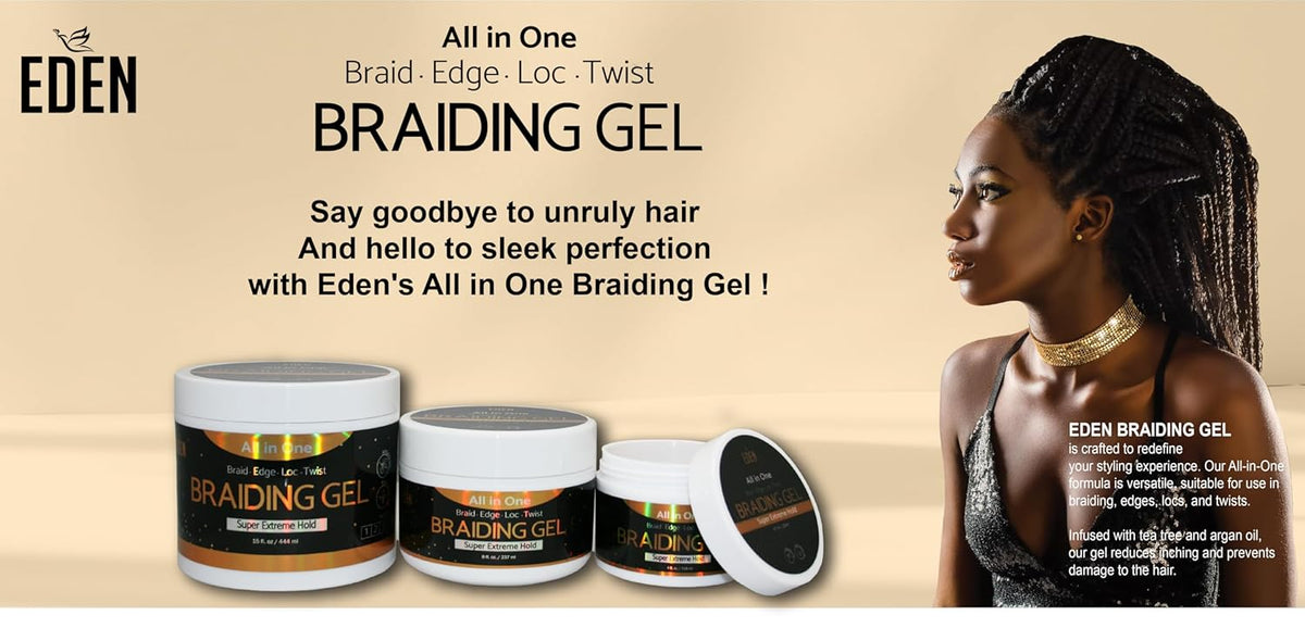 Eden All-in-One Braiding Gel Super Extreme Hold – Braided model and gel collection graphic