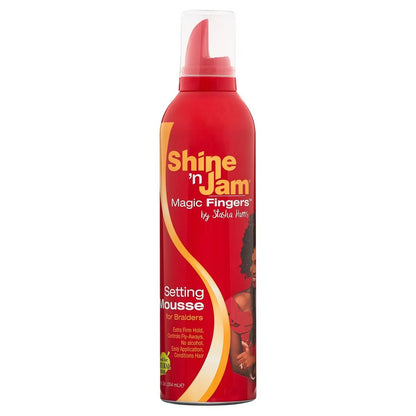 Red bottle of Shine 'n Jam Magic Fingers Setting Mousse on a white background