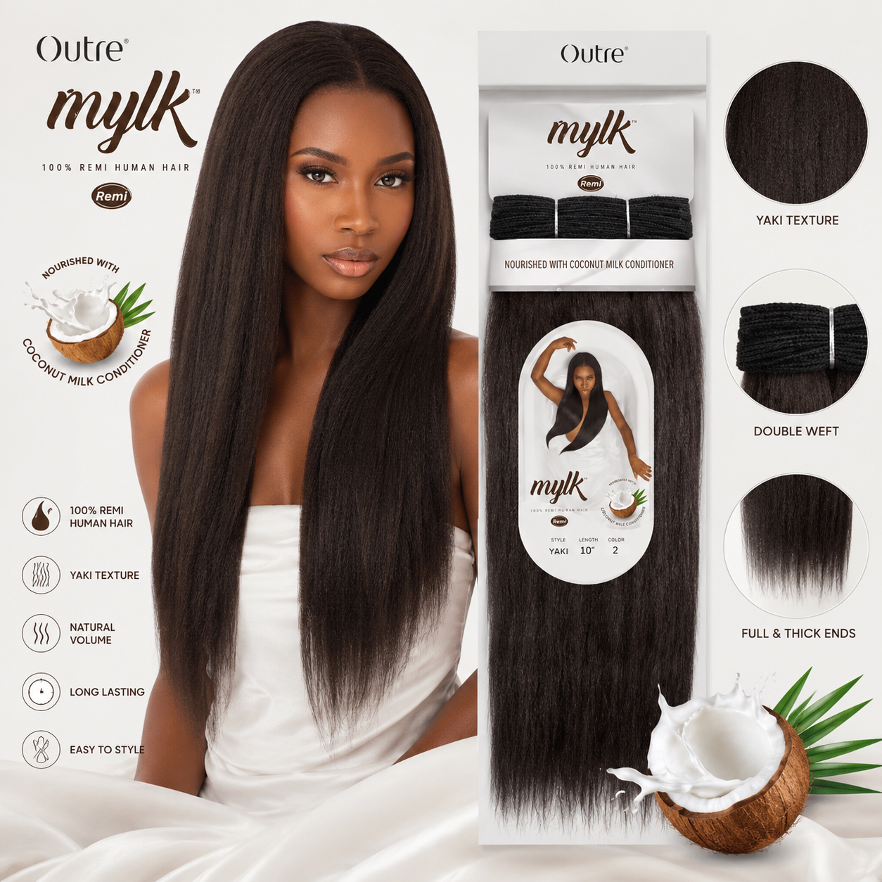 Outre Mylk Remi Human Hair Weave Yaki Straight Hair Extension Nourished with Coconut Milk Conditioner