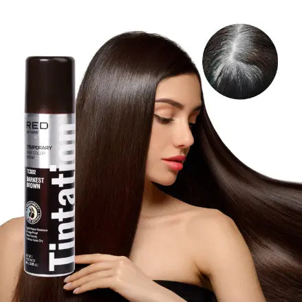 Red by Kiss Tintation, Darkest Brown spray with model and root coverage inset