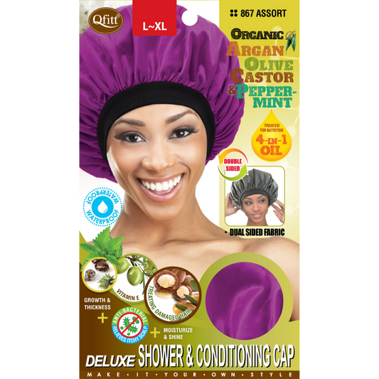 Qfitt Deluxe Shower & Conditioning Cap in purple, assorted-color package