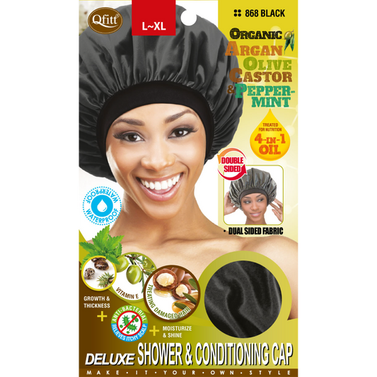 Qfitt Deluxe Shower & Conditioning Cap in black, retail package