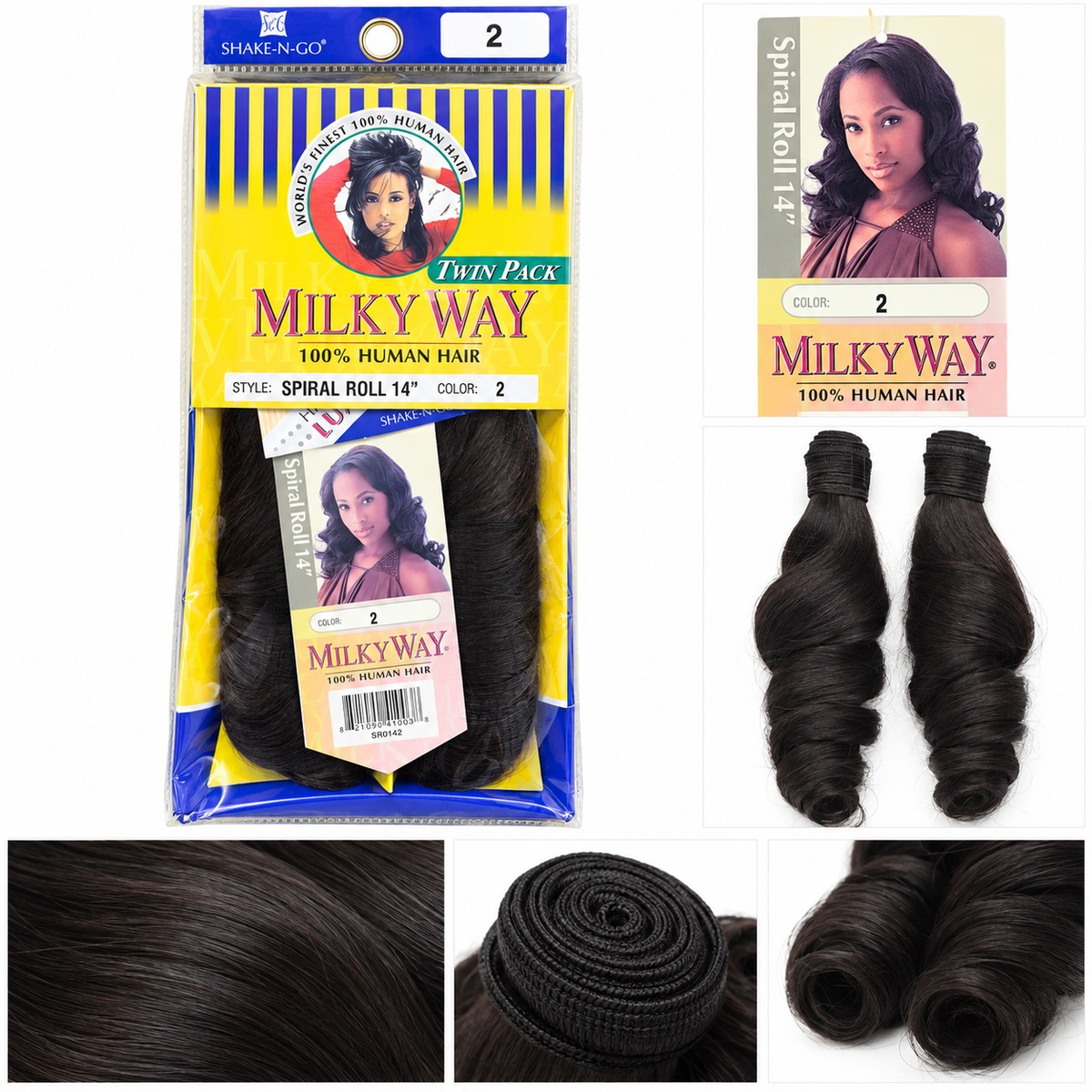 Shake-N-Go Milky Way Spiral Roll Human Hair Twin Pack – Spiral Roll 14-inch package and weft detail collage