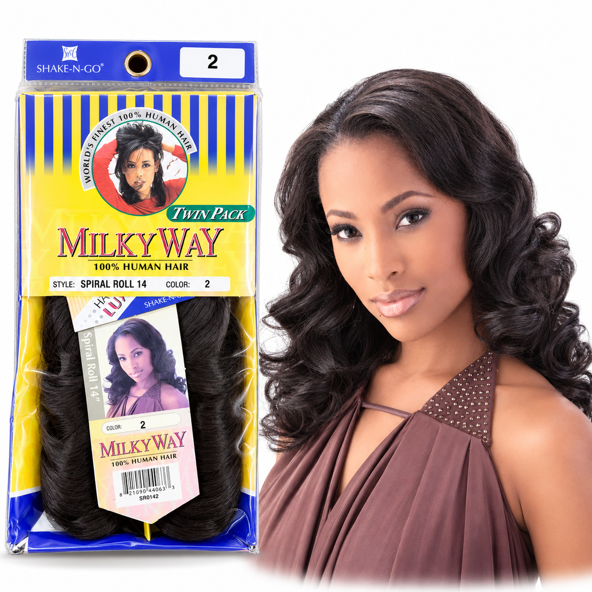 Shake-N-Go Milky Way Spiral Roll Human Hair Twin Pack – Spiral Roll package with model
