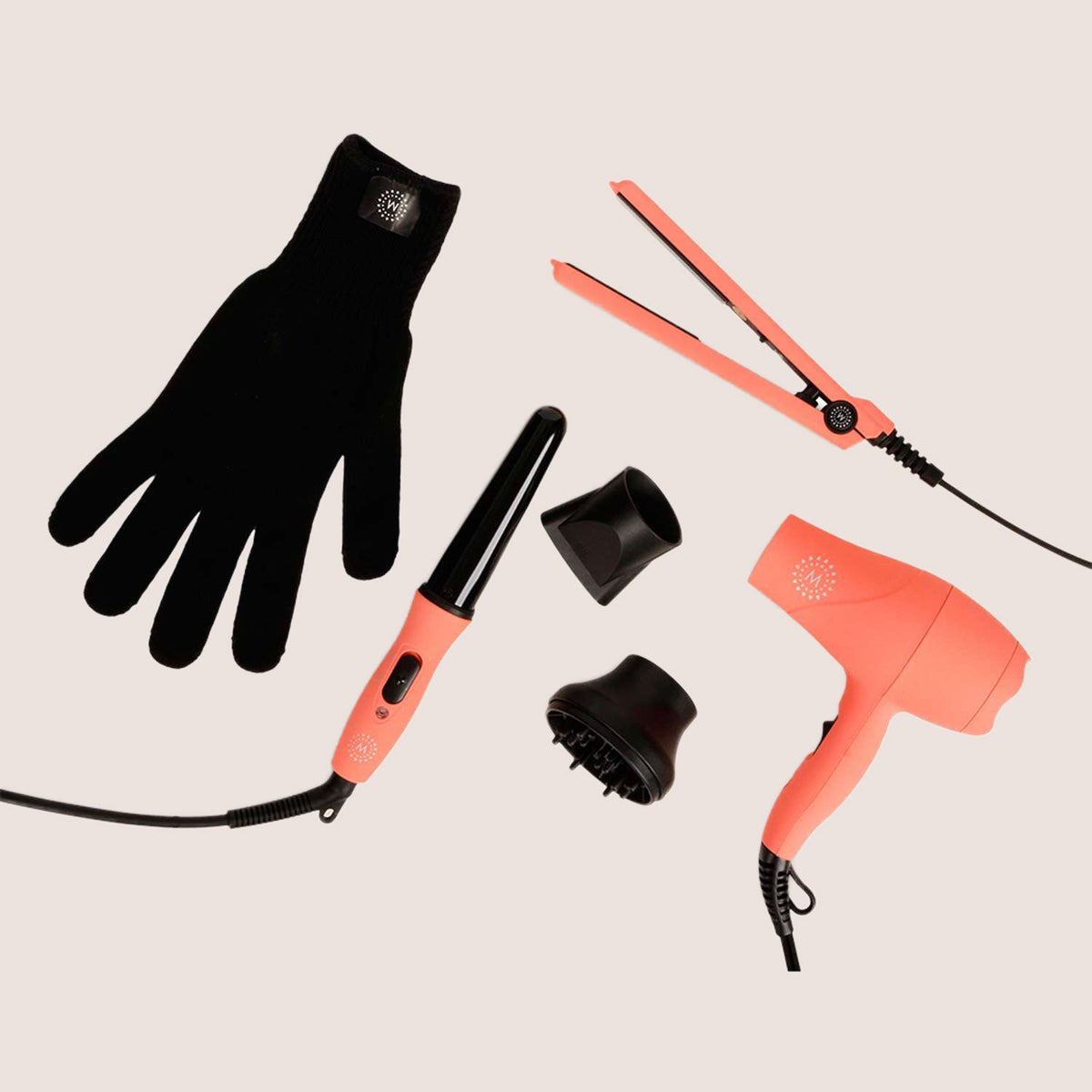 Malina Travel Hair Styling Kit — dryer, straightener, curling iron, glove, and attachments