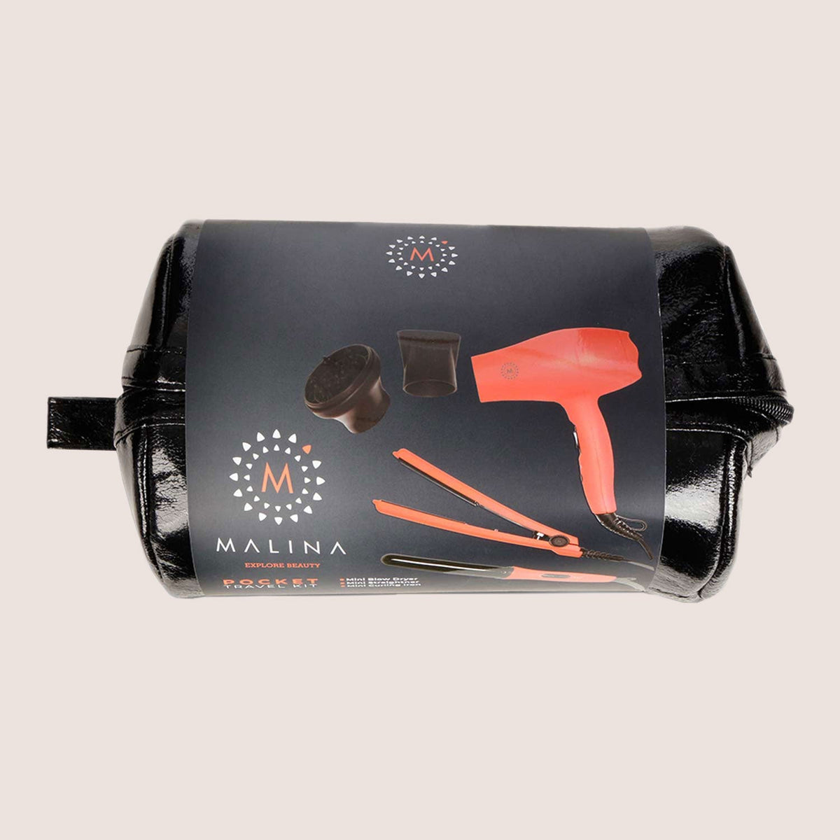 Malina Travel Hair Styling Kit — zipped travel bag with product insert
