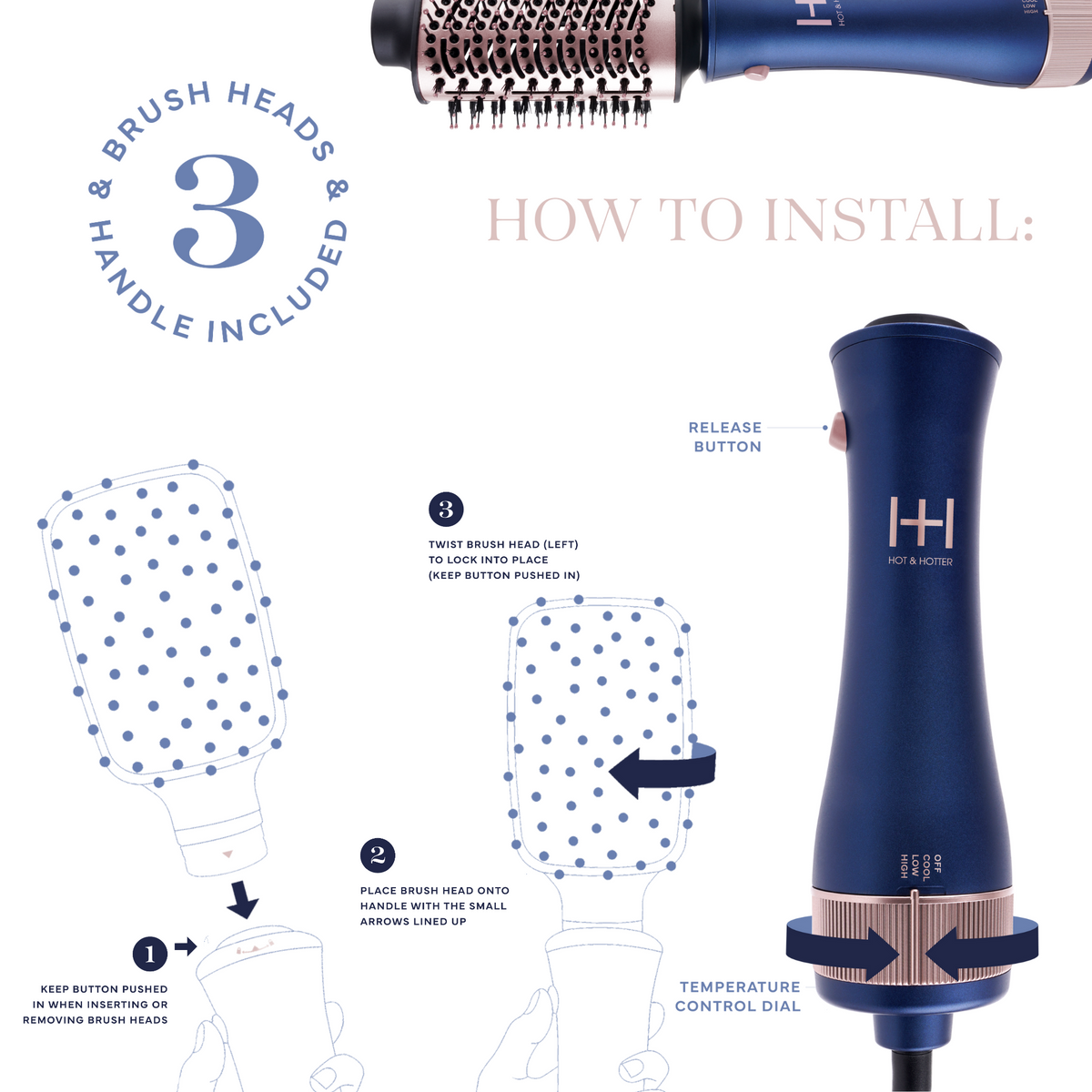 Hot & Hotter Interchangeable Hair Dryer Brush Set — brush attachment installation guide