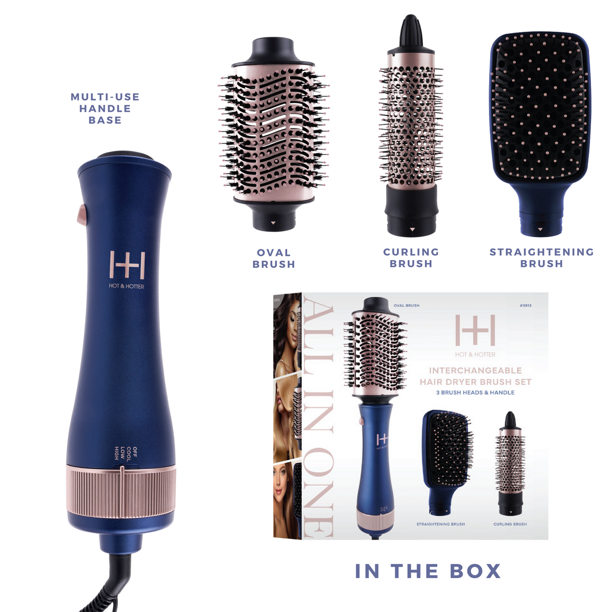 Hot & Hotter Interchangeable Hair Dryer Brush Set — handle and three included brush heads