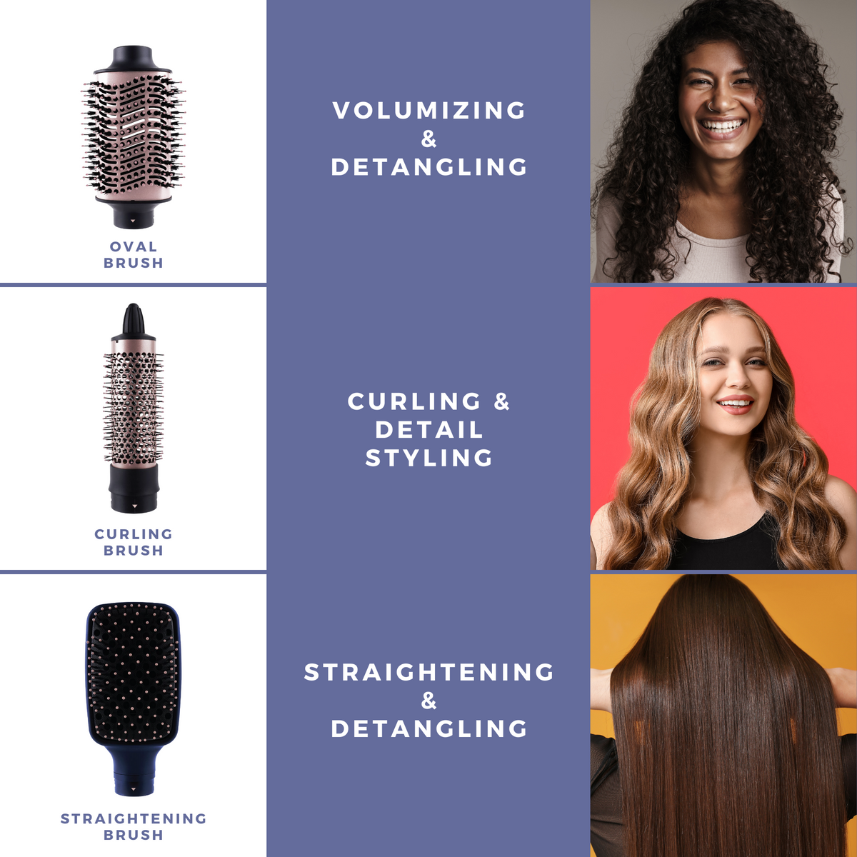 Hot & Hotter Interchangeable Hair Dryer Brush Set — brush heads with hairstyle examples