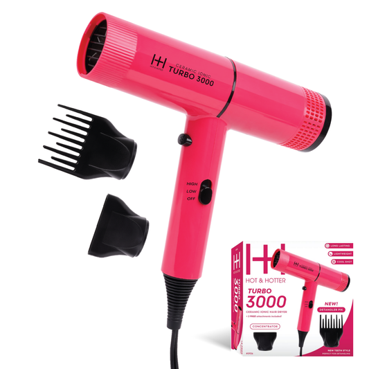 Hot & Hotter Ceramic Turbo 3000 Hair Dryer, Pink — pink dryer with concentrator, pik, and box