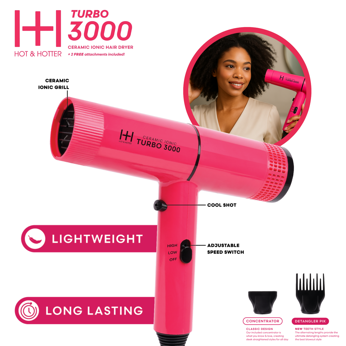 Hot & Hotter Ceramic Turbo 3000 Hair Dryer, Pink — dryer feature graphic