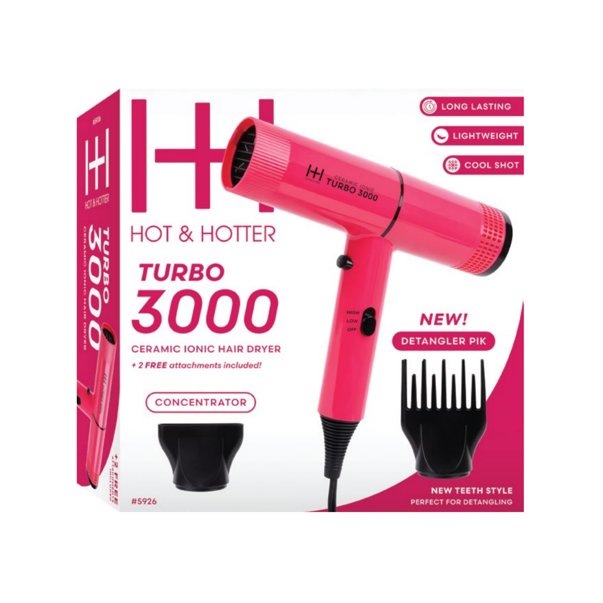 Hot & Hotter Ceramic Turbo 3000 Hair Dryer, Pink — dryer and retail packaging