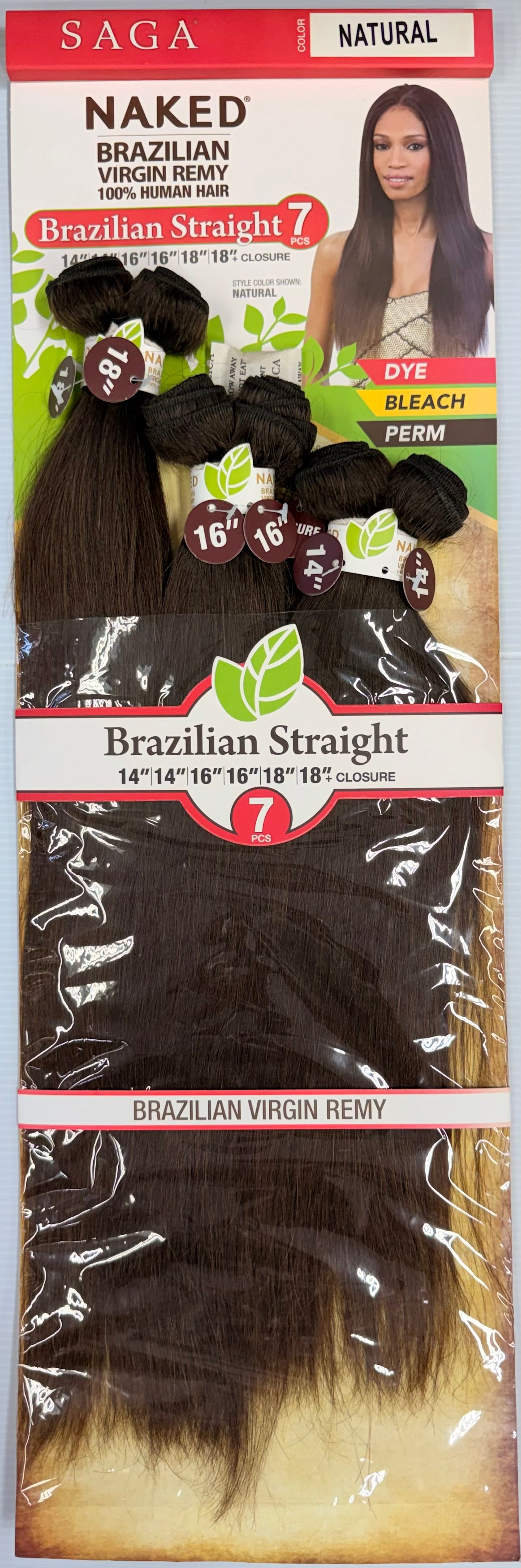 SAGA NAKED BRAZILIAN VIRGIN REMY 100% HUMAN HAIR NATURAL STRAIGHT 7PCS CLOSURE COLOR NATURAL (1B)
