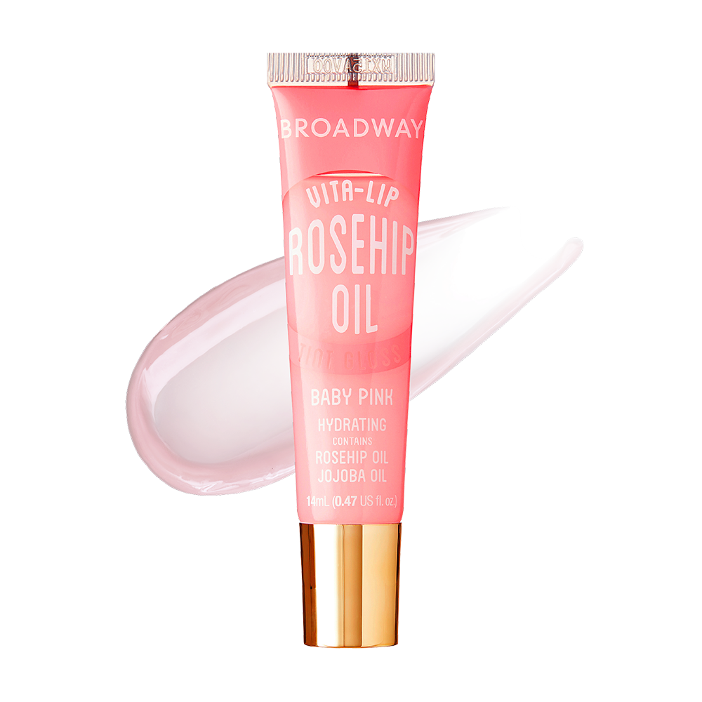 Ruby Kisses Broadway Vita-Lip, Baby Pink, tube and gloss swatch