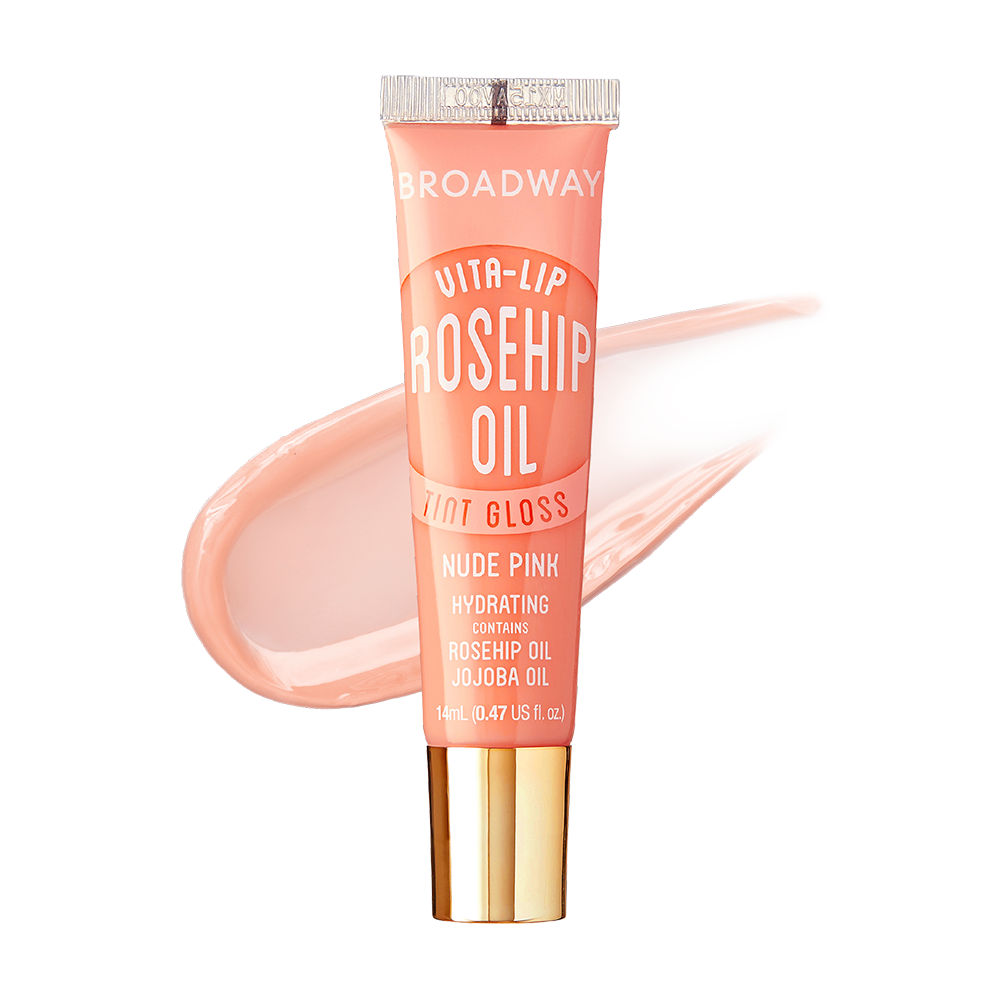 Ruby Kisses Broadway Vita-Lip, Nude Pink, tube and gloss swatch