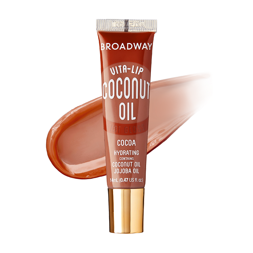 Ruby Kisses Broadway Vita-Lip, Cocoa, tube and gloss swatch
