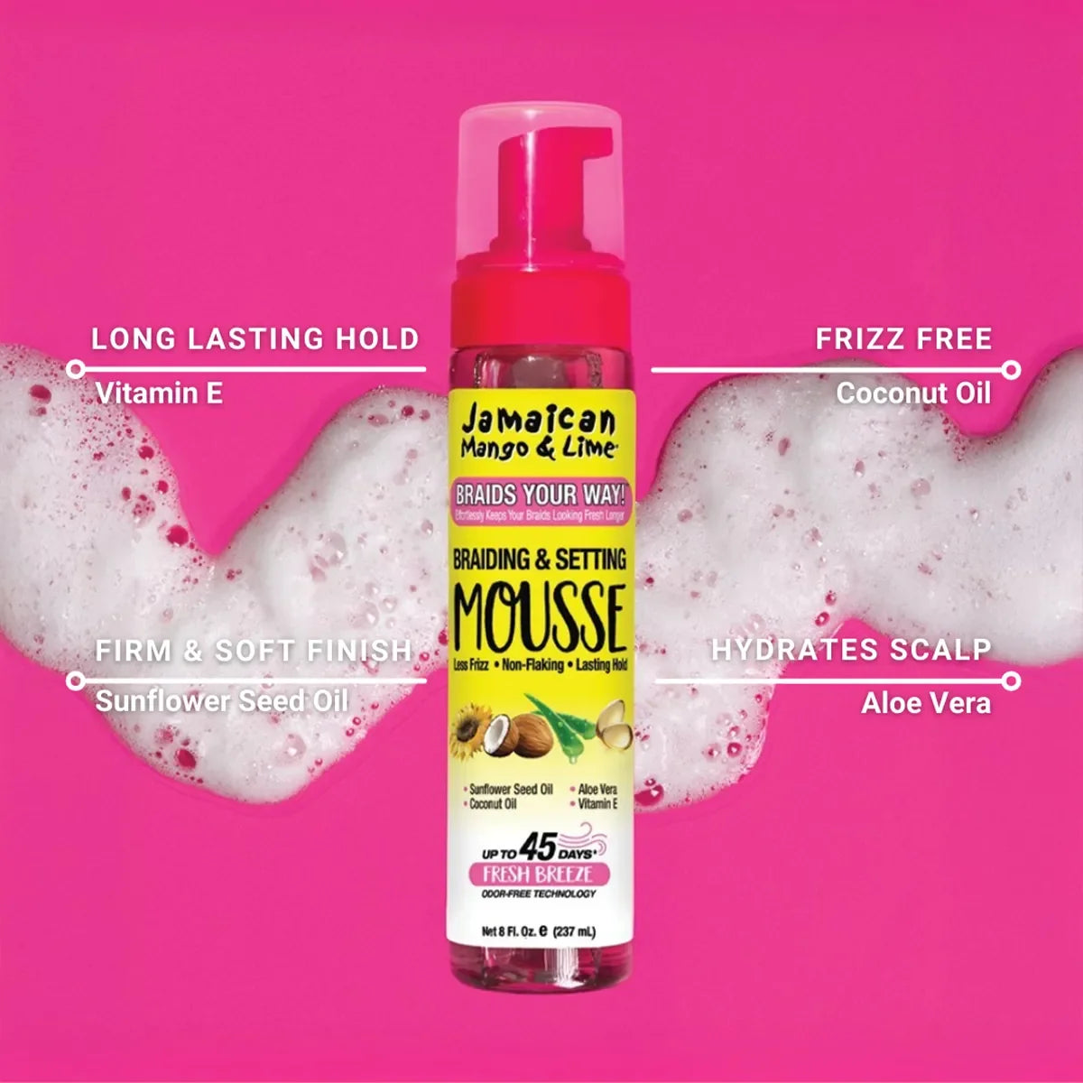 Jamaican Mango & Lime Braiding & Setting Mousse – Mousse bottle with ingredient and styling features