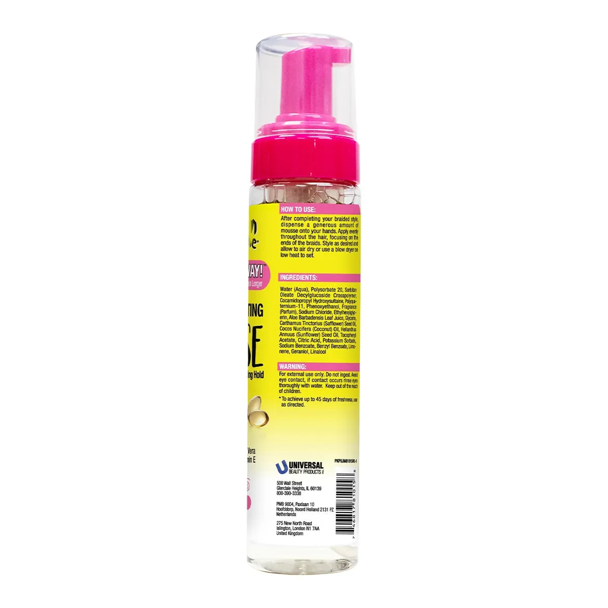 Jamaican Mango & Lime Braiding & Setting Mousse – Mousse ingredients and barcode label