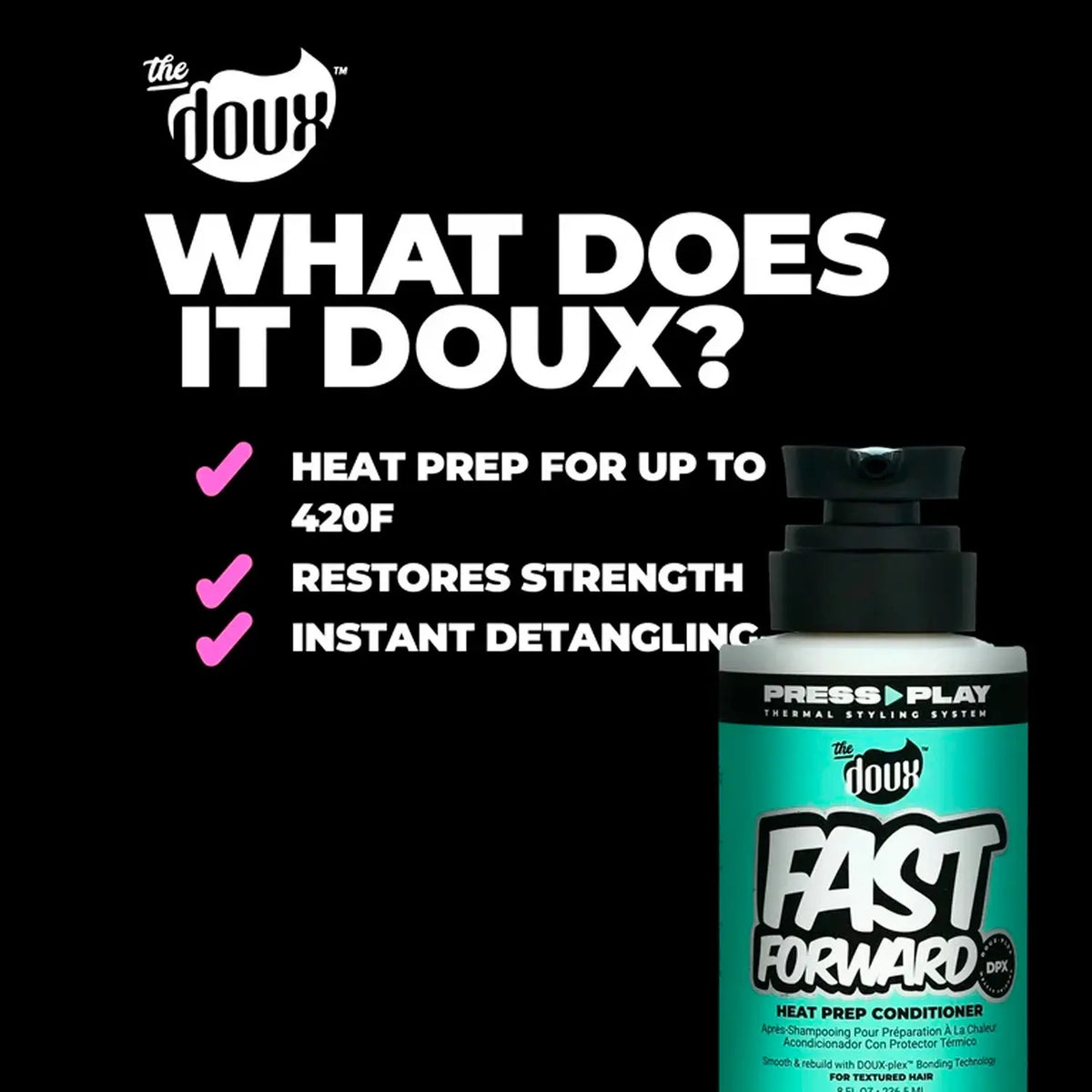 The Doux Fast Forward conditioner heat-prep features graphic