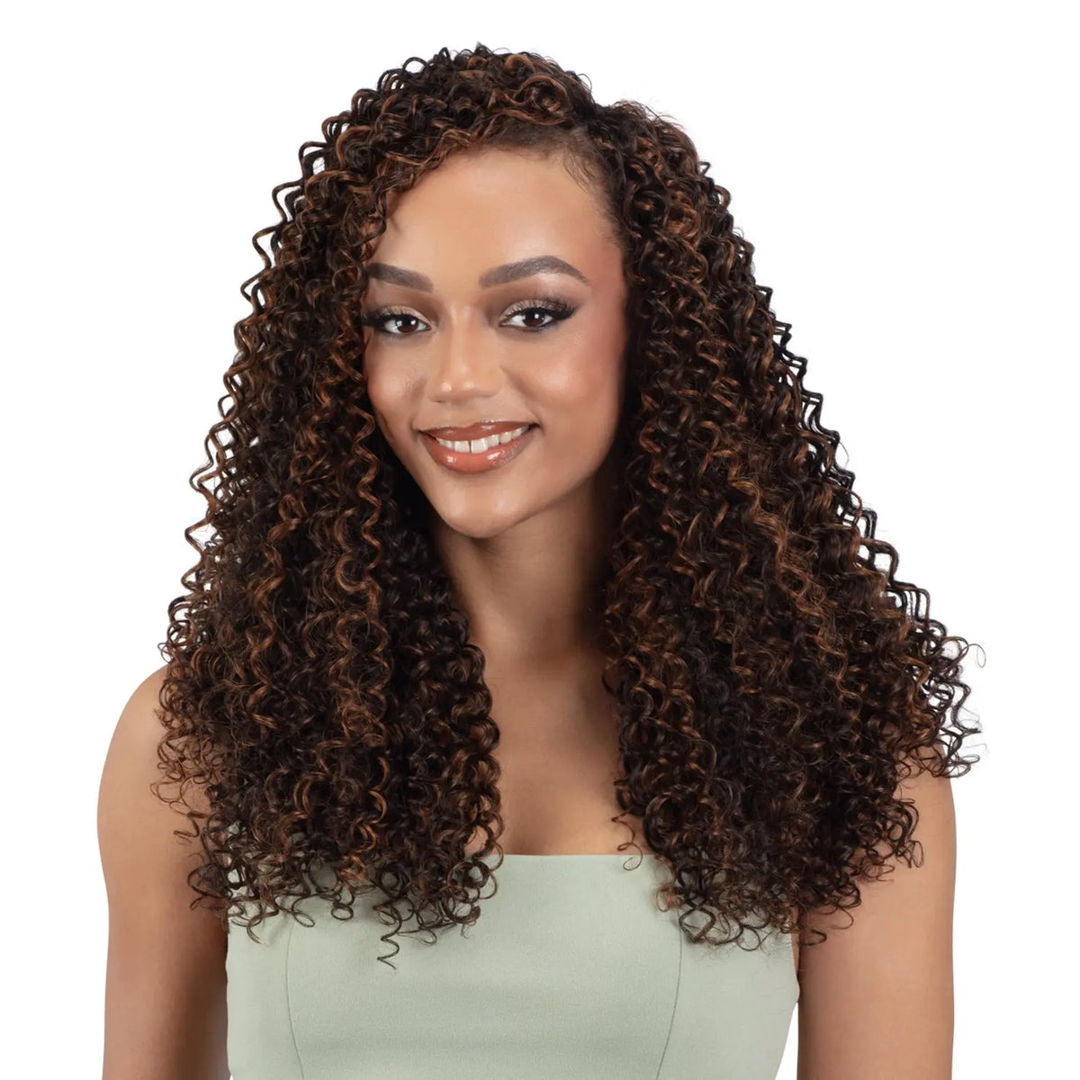 Model wearing long ModelModel Embrace Water Curl hair, front view