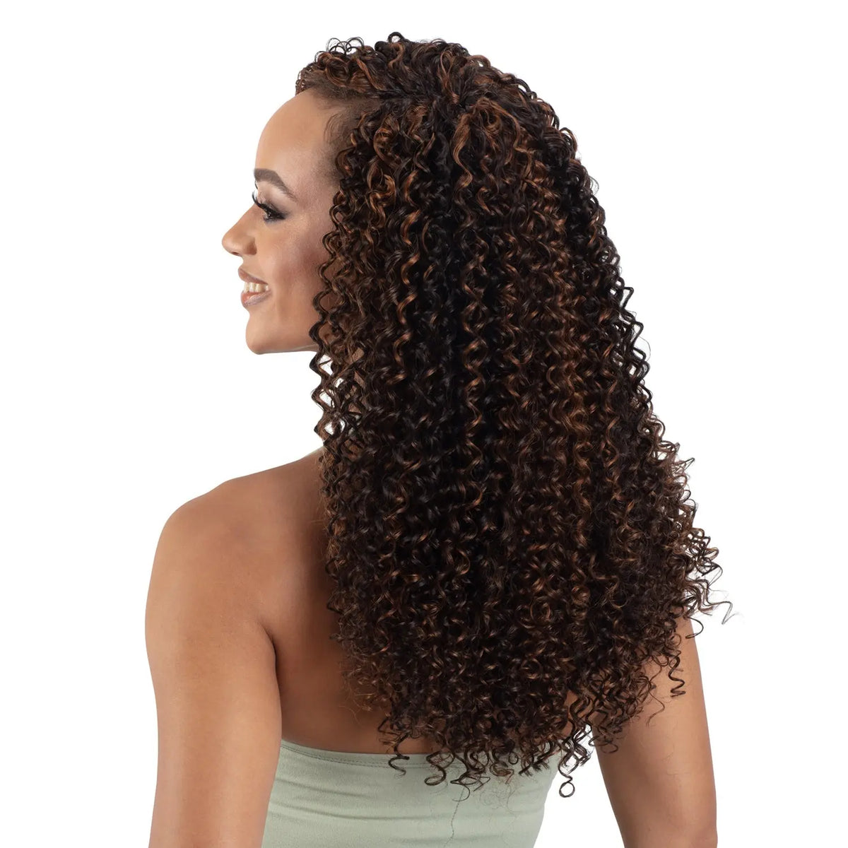 Model wearing ModelModel Embrace Water Curl hair, side view