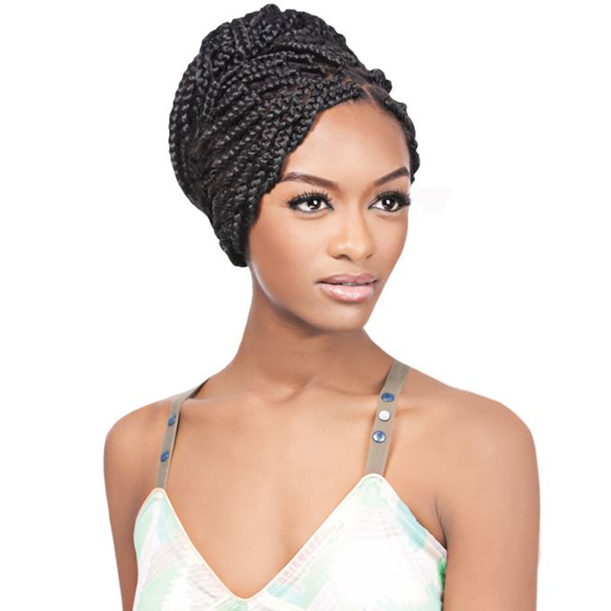 Model wearing X-Pression braiding hair in a high bun
