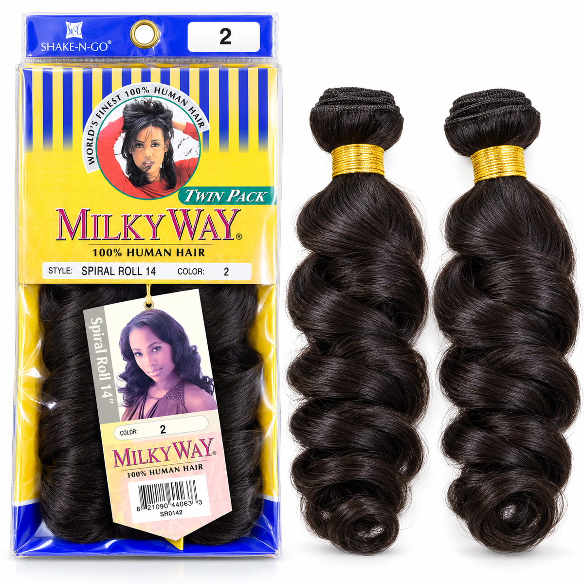 Shake-N-Go Milky Way Spiral Roll Human Hair Twin Pack – Spiral Roll package and two curled wefts