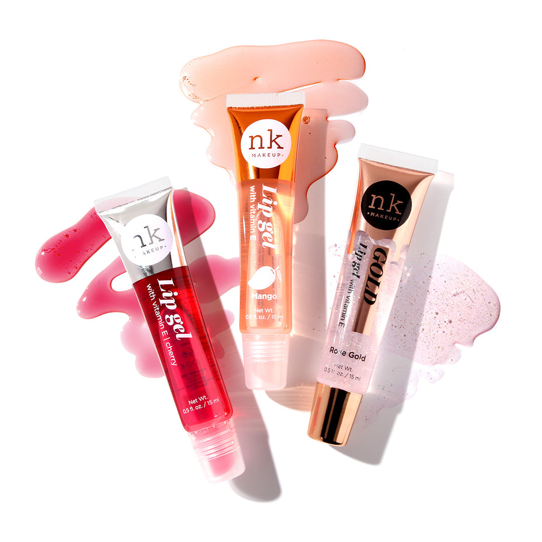 Nicka K Lip Gel, Strawberry, Peach and Coconut tubes with swatches