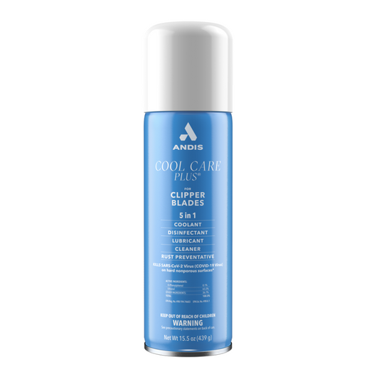 Andis Cool Care Plus 5-in-1 Clipper Blade Spray — blue spray can with cap, front view