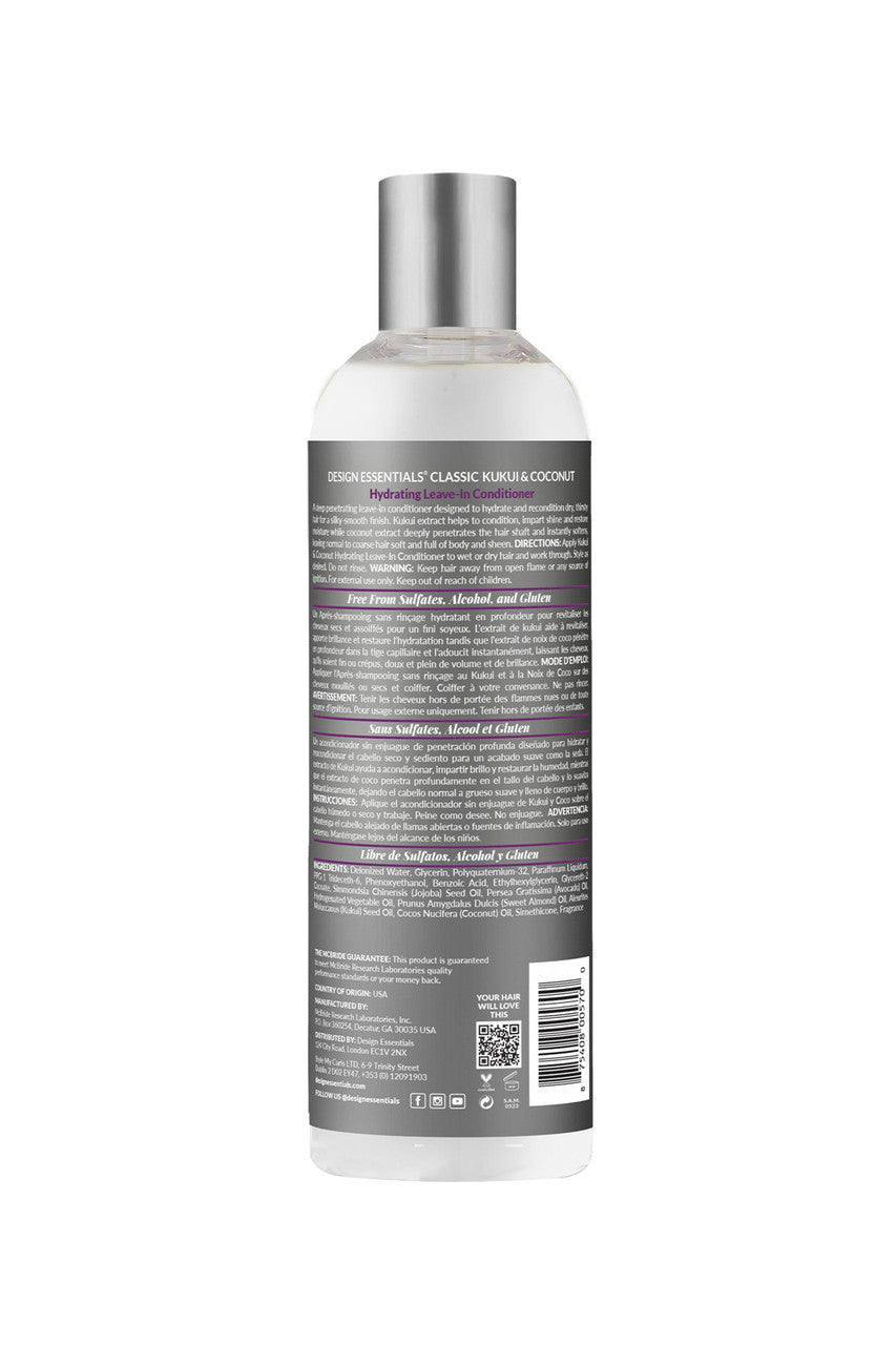 Back view of Design Essentials Kukui & Coconut Hydrating Leave-In Conditioner, 12 oz bottle: Features detailed usage instructions, a list of nourishing ingredients like kukui oil, coconut oil, and jojoba oil, and benefits such as promoting healthy hair, preventing breakage, and maintaining moisture balance.