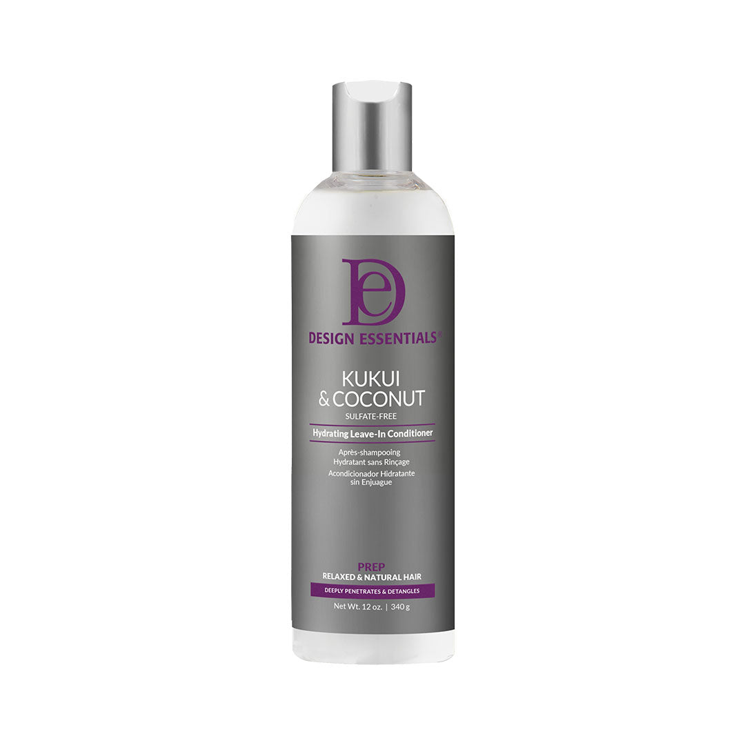 Front label of Design Essentials Kukui & Coconut Hydrating Leave-In Conditioner, 12 oz bottle: A clear bottle with the Design Essentials logo and text highlighting the product name, emphasizing its ability to deeply hydrate, soften, and moisturize hair with kukui and coconut oils. 