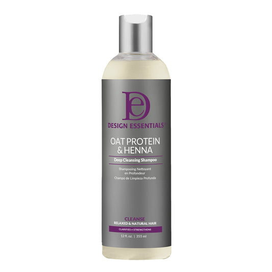 Image of Design Essentials Oat Protein & Henna Deep Cleansing Shampoo 12 oz bottle, a volumizing shampoo that deeply cleanses, strengthens hair strands, and adds bounce and shine to all hair types.